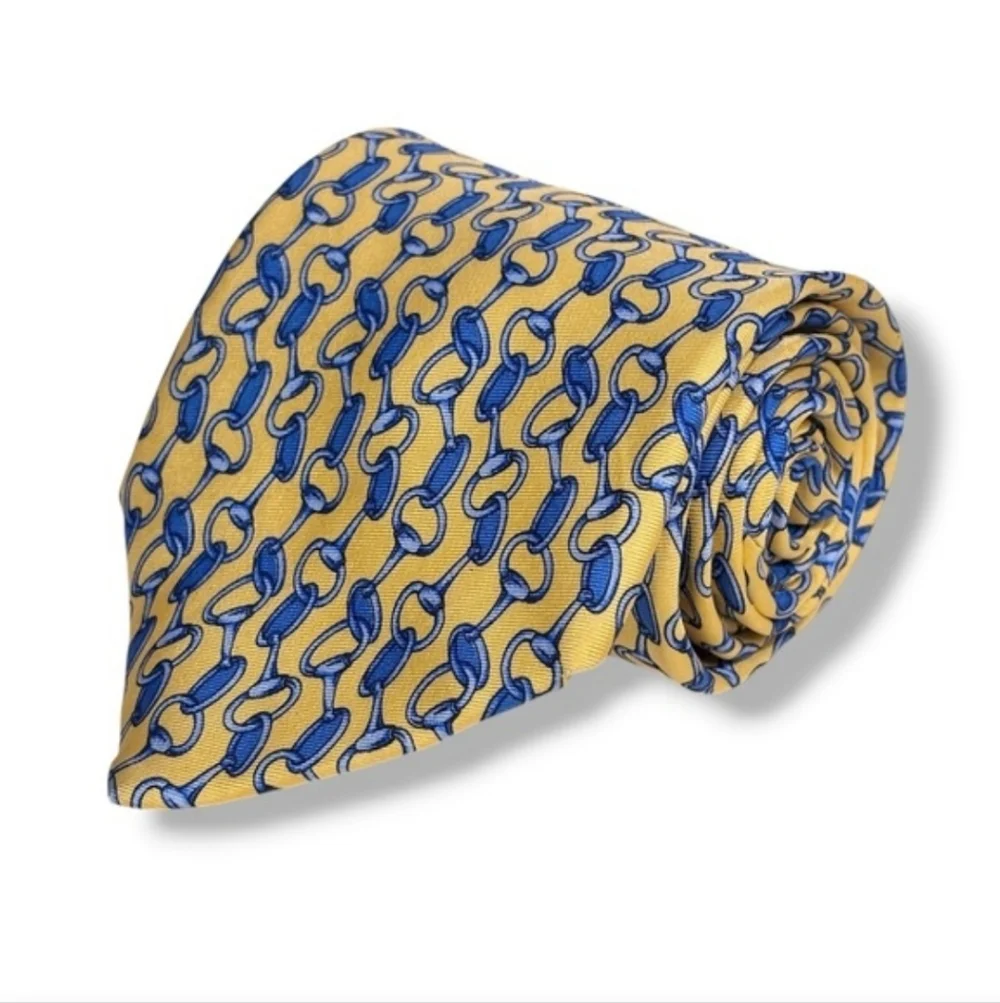 BROOKS BROTHERS Yellow Silk Tie Blue Horsebit Pattern100% silk